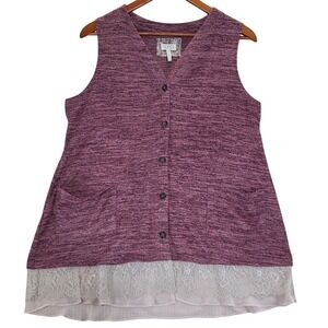 LOGO Lori Goldstein Button‎ Down Purple Sleeveless Vest Front Lace Trim Womens M